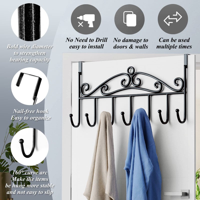Youdepot Over The Door Hook - 7 Hooks for Bathroom, Clothes, Belts, Hats, Towels - Black Coat & Towel Rack with Door Hanger. - Image 3